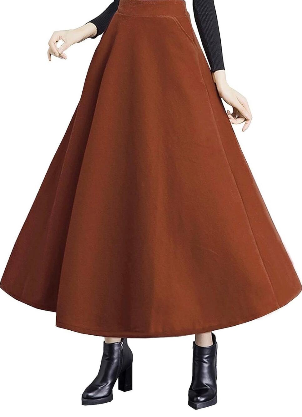 Wool Blend Maxi Skirt High Waist A-Line Pleated Swing Long Skirt Pockets
 XL